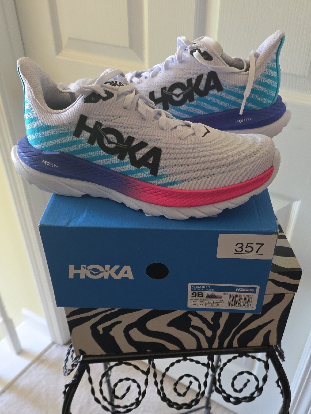 Hoka Mach 5 Womens White Running Shoes with Teal, Purple & Pink Accents